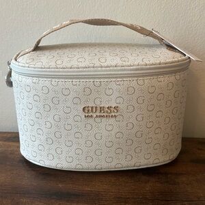 GUESS Cosmetic Case White and Tan Monogram Travel Makeup Pouch NWT